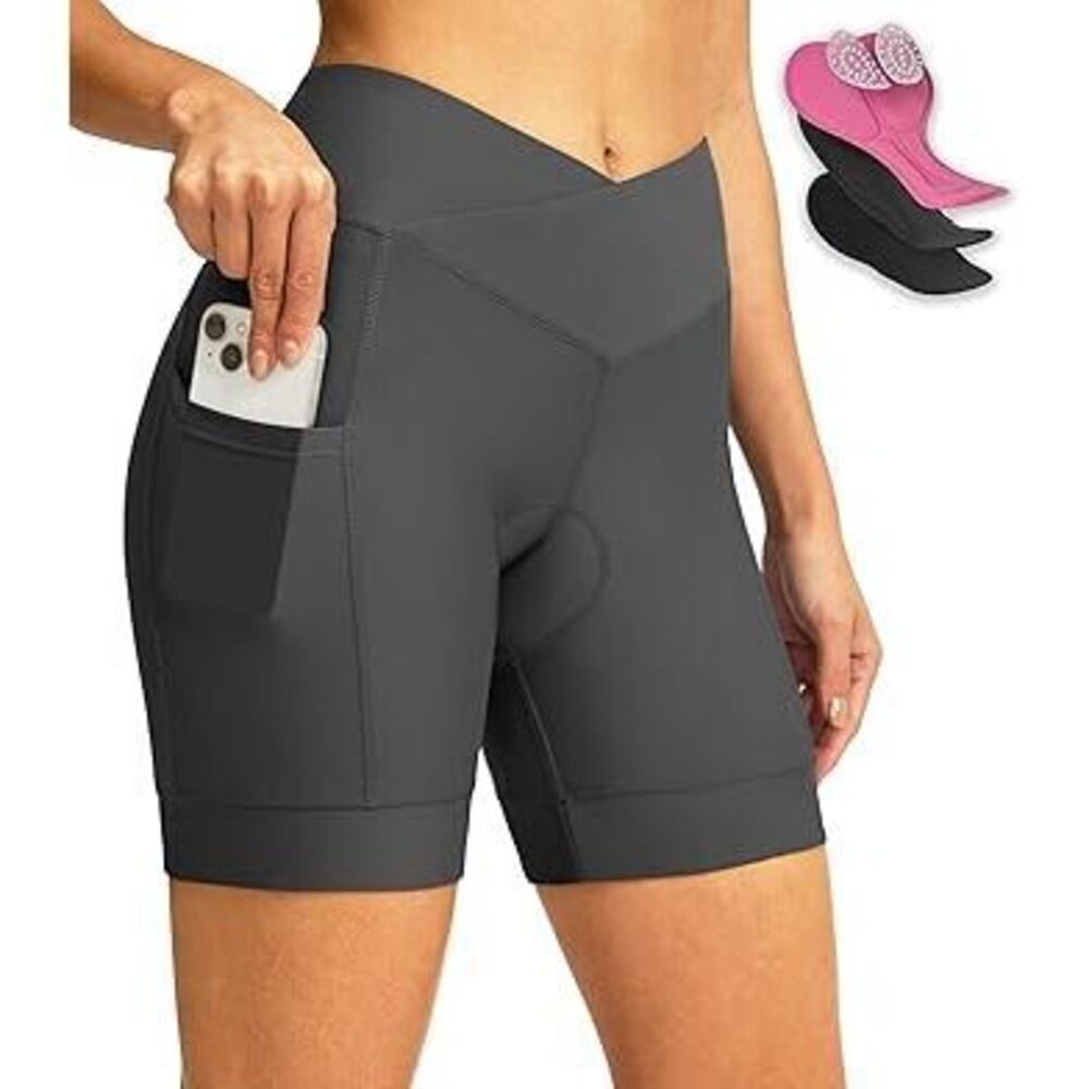 Women'S Bike Shorts 4D Padded Cycling Shorts Crossover Waist Biking Shorts With